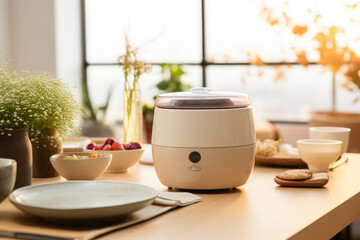 Wall Mural - A minimalist bright kitchen with a rice cooker and dishes on top of the dining table. Generative AI