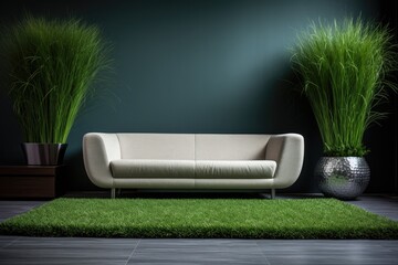 Wall Mural - A contemporary style sofa and armchair for the living room are accompanied by a decorative vase containing grass.