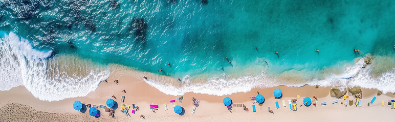 aerial panorama drone view beach line surf umbrellas and sun beds on the sand.