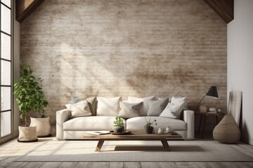 Wall Mural - A 3D rendering of a loft style house with a white wall mockup, featuring a sofa and various accessories in the room.