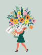 Happy birthday Women's Day March 8! Cute cards and posters for the spring holiday. Vector illustration of a woman hugging or carrying a huge bouquet of flowers!