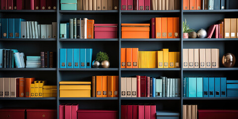 bookshelf with colorful rainbow folders. wallpaper with straight view of open bookcase. modern inter
