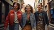 a group of three friends, diverse and stylish, walking down an urban alleyway filled with street art. All dressed in vintage 90s street fashion with high - waisted jeans, cropped tops, oversized shirt