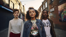 A Group Of Three Friends, Diverse And Stylish, Walking Down An Urban Alleyway Filled With Street Art. All Dressed In Vintage 90s Street Fashion With High - Waisted Jeans, Cropped Tops, Oversized Shirt