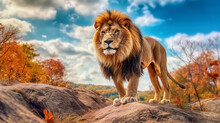 Lion In The Savanna African Wildlife Landscape.