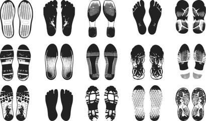 Wall Mural - Footprint silhouettes, black shoes shapes. Barefoot steps, sole shoe and sneakers footprints, isolated prints human footstep neoteric vector clipart