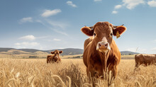 Red Angus - Cow In The Pasture - Face - Horn - Angus - Bull - Calf - Steer - Created With Generative AI Technology.