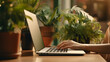 woman reading online on computer laptop, plant background, mockup