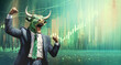 Bull market concept - animal in business suit, looking excited, hands in air, winning pose, abstract green rising prices chart background. Generative AI