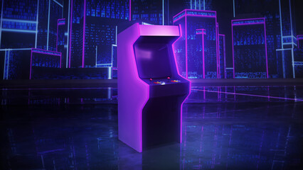 Poster - Retro arcade gaming, 3D rendering city streets lifestyle, template concept. Wide shot of an old style, arcade machine cabinet, in a purple, neon retro, urban environment