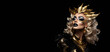 Drag queen person wearing heavy extravagant golden makeup. Proud expression. Wide banner with copy space on side. Generative AI
