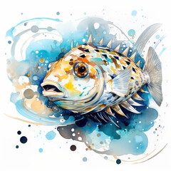 Wall Mural - A watercolor painting of a fish on a white background.