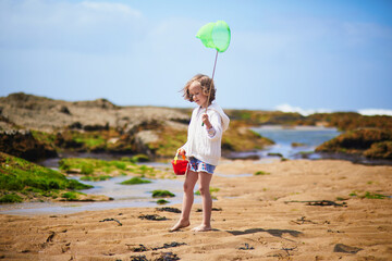 Wall Mural - Adorable preshooler girl playing with scoop net on the beach at Atlantic coast of Brittany, France