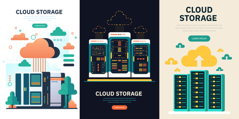 Wall Mural - Hosting, cloud storage download flat vector illustration. Big data. Digital service or app with data transfering. Online computing technology. Server center and datacenter network