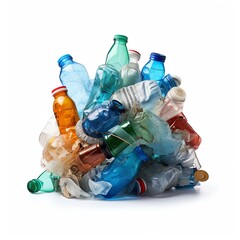 Plastic trash bottles pile isolated on white background