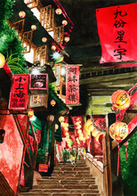 アナログ水彩風景画台湾九份の夜景
