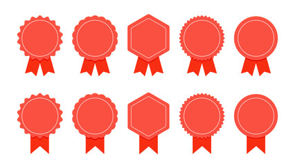 Wall Mural - Medal set with ribbon. Red award badges. Achievement label. Winner Prize. Competition Trophy. Vector seal collection in flat style