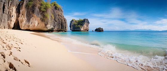 Pretty summer beach with bright blue water and pink sands on tropical islands