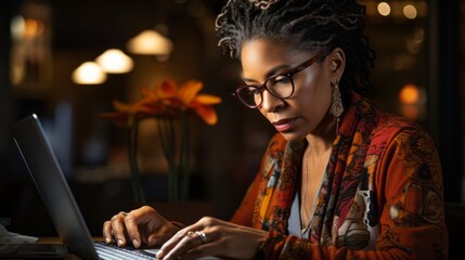 Wall Mural - A woman working on a laptop. Generative AI. 