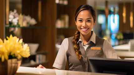 Wall Mural - Close-up of a female hotel front desk clerk expertly handling a phone call