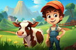 Cartoon character of kid with a cow, farm background