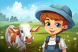 Cartoon character of kid with a cow, farm background