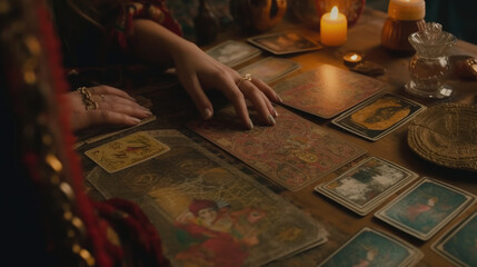 Wall Mural - Close-up of symbolism of tarot cards on the table