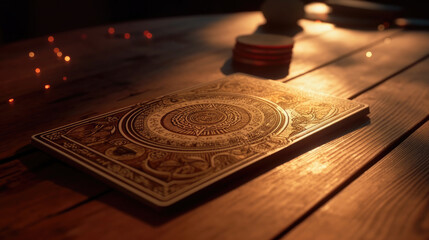 Close-up of symbolism of tarot cards on the table