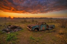 Abandoned Old Cars In Sunset
