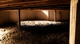 Fototapeta  - Dirt crawl space under house with wood beams and ceiling frames