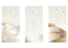 	
Crane Bird Decoration Vector. Japanese Background With Hand Drawn Line Wave Pattern. Ocean Sea Banner Design With Natural Landscape Art Template In Vintage Style.