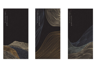 Wall Mural - japanese background with hand drawn line wave pattern vector. abstract art banner with geometric pat