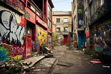 An Abandoned Alleyway With Graffiti On The Walls. The Alleyway Is Filled With Trash And Debris, And The Walls Are Covered In Colorful Graffiti