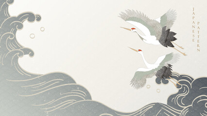 crane bird decoration vector. japanese background with hand drawn line wave pattern. ocean sea banne
