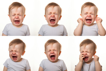 Set of Closeup photo of a cute little baby boy child crying and screaming isolated on white background.