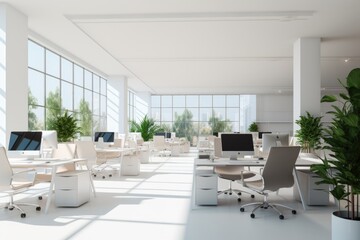 Bright and clean office environment, abstract background. bright office with green plants and large windows