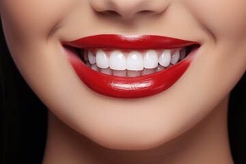 Perfect smile after bleaching. Dental care and whitening teeth. Stomatology and beauty care. Woman smiling with great teeth. Cheerful female smile with fresh clear skin