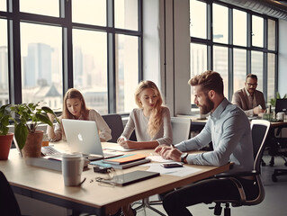 Wall Mural - group of diverse businesspeople using a laptop while working together in a modern workspace. busines