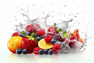 Wall Mural - assorted fresh fruits with water splashes isolated on white background. generative ai