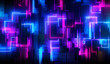 Blue and purple neon background with brick wall and square motive.