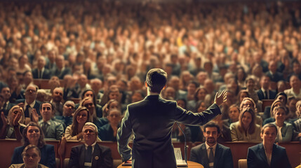 Back view of motivational speaker standing on stage in front of audience.