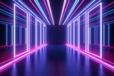 Fototapeta Fototapety przestrzenne i panoramiczne - Neon light abstract background. Square tunnel or corridor violet neon glowing lights. Laser lines and LED technology create glow in dark room. Cyber club neon light stage room.