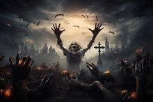 Zombie Hands Are Rising From Grave In Spooky Night. Halloween Night Background. Monster Hand In Cemetery Graveyard. Horror Scene Of Graveyard. Spooky And Creepy Graveyard. Scary Night.