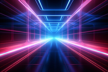 Wall Mural - Neon light abstract background. Square tunnel or corridor neon glowing lights. Laser lines and LED technology create glow. Cyber club neon light stage room. Data transfer. Fast network.