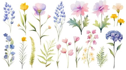 Watercolor set with garden flowers. Flat cartoon illustration isolated on white background