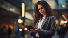 Young Busy Pretty Business Woman Professional Office Manager Executive Or Global International Company Employee Standing On Big City Street Outside Using Digital Tablet Fintech Device. Generative AI