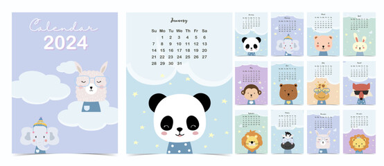 Wall Mural - 2024,cute monthly planner background with cloud,animal.Vector illustration for kid and baby.Editable element