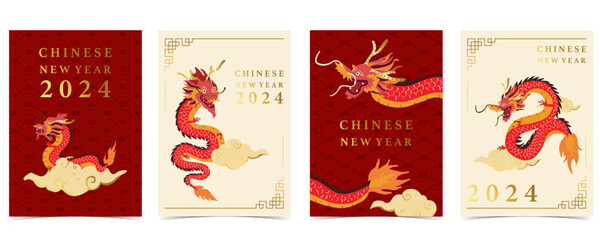 Gold red Chinese New Year card with dragon,cloud.Editable vector illustration for website, invitation,postcard and sticker