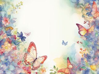 Watercolor style delicate floral and butterflies frame on white background. Created with Generative AI technology.