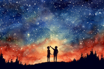 water color drawing of a Two people stargazing and pointing 